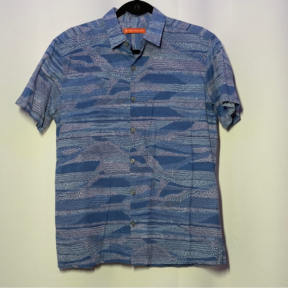 Tori Richard Aloha Hawaiian shirt short sleeve small blue waves water